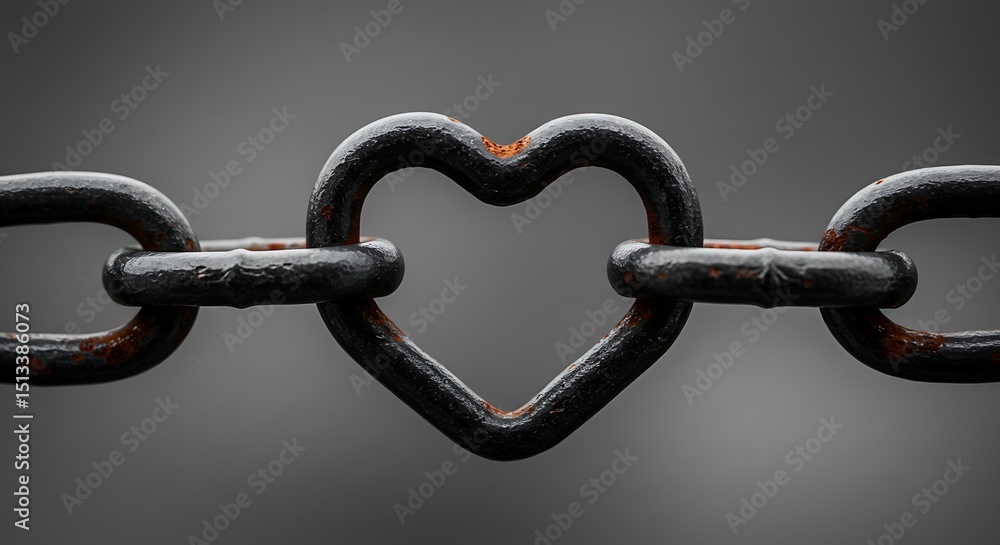 Fototapeta premium A rusty metal chain features a prominent heart-shaped link, symbolizing unbreakable love and enduring connection.