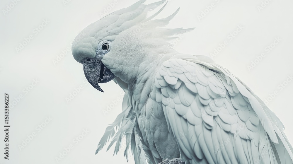 Obraz premium Sulphur-crested cockatoo perched in front of white background featuring detailed plumage and distinctive yellow crest, ideal for bird species identification, wildlife education, and exotic pet illustr