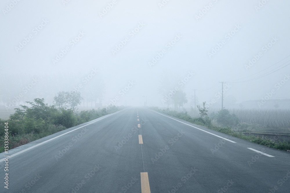 Fototapeta premium A foggy road stretching into the distance under a misty sky
