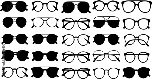A collection of simple black silhouette sunglasses and eyeglasses in various frame styles.
