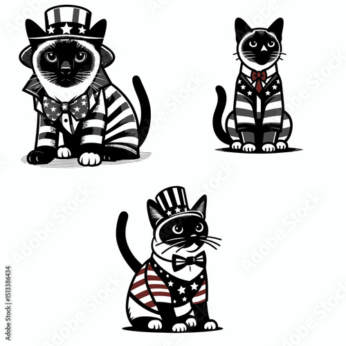 Scottish Fold Cat wear american patriotic costume. 4th of July Independence Day Flag Usa Vector. Feline in u.s.A themed attire national pride domestic shorthair breed.