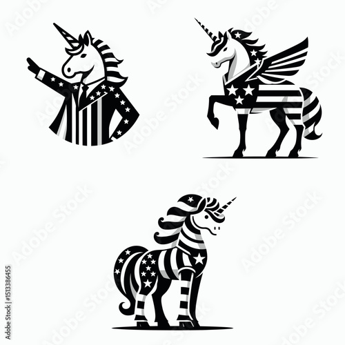 Unicorn wear american patriotic costume. 4th of July Independence Day Flag Usa Vector. Mythical steed donning nationalistic garb for holiday observance.