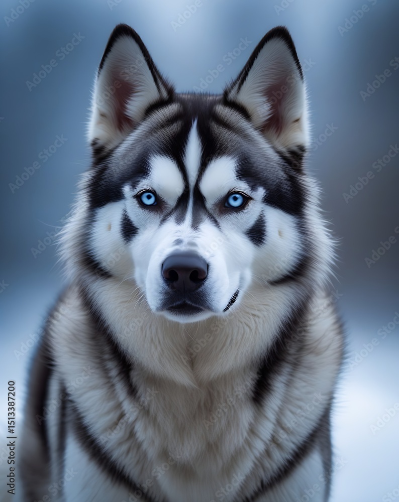 A majestic husky, with piercing blue eyes and a fluffy double coat, looks straight ahead with a curious expression, its ears perked up and its nose tilted slightly, against a blurred background. A majestic husky, with piercing blue eyes and a fluffy double coat, looks straight ahead with a curious expression, its ears perked up and its nose tilted slightly, against a blurred background.