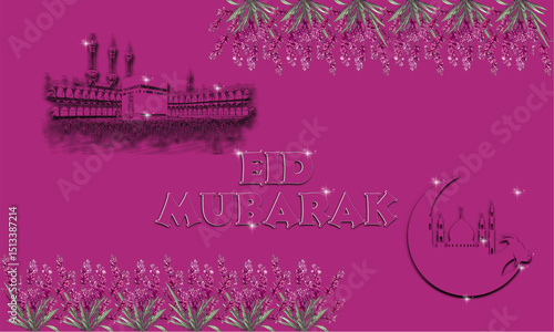 Purple themed Eid Mubarak greeting with mosque illustrations  decorative text  and stylish floral accents symbolizing celebration spirituality  and festive atmosphere for the Islamic holiday of Eid.