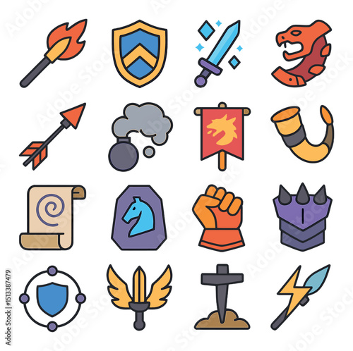 Medieval fantasy icon collection in flat style. knight, armor, and magic symbols set