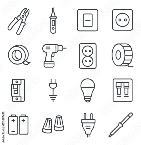 Electrical and tools linear icon collection. flat, silhouette, and wiring symbols set