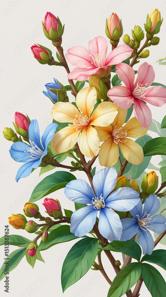 Fototapeta premium aesthetic jasmine florals with vivid hues resting on botanical twigs over soft cream white paper texture floral botanical illustration wallpaper background