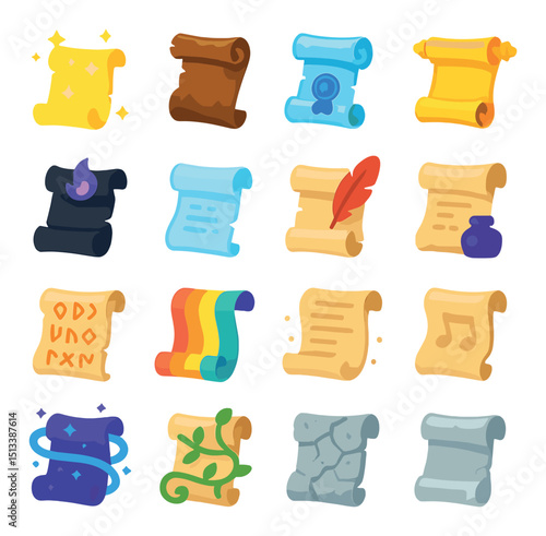 Magic spells flat icon collection. enchanted, mystical and wizardry symbol set