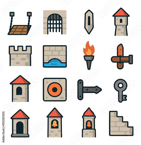 Medieval castle flat icon collection. fortress, architecture, and heritage design set