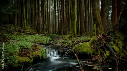 Tranquil forest stream with mossy trees, flowing water, and lush green vegetation cascading through the woodland in soft, diffused light.