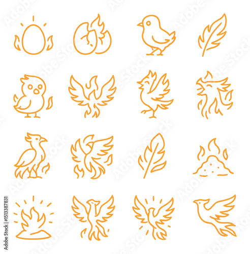 Phoenix and fire elements linear style icon collection. mythical bird and flame set