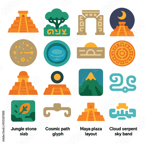 Ancient mesoamerican flat icon collection. maya and aztec symbols for cultural themes