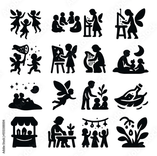 Fairy tale silhouette icon collection. magical, fantasy, mythical flat designs set