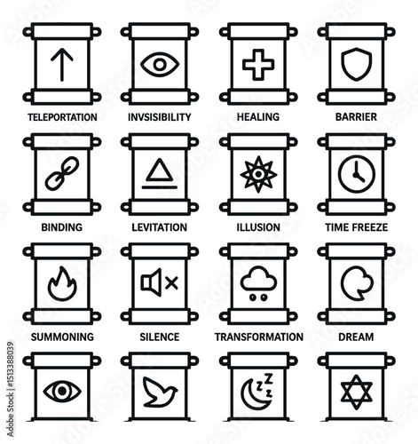Mystical magic linear icon collection. fantasy, spell and wizardry symbols set