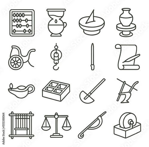 Ancient civilization linear icon collection. historical and archaeology symbol set