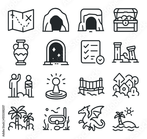 Adventure and treasure hunt linear icon collection. exploration and discovery set
