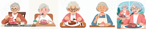 vector of a grandmother eating steak