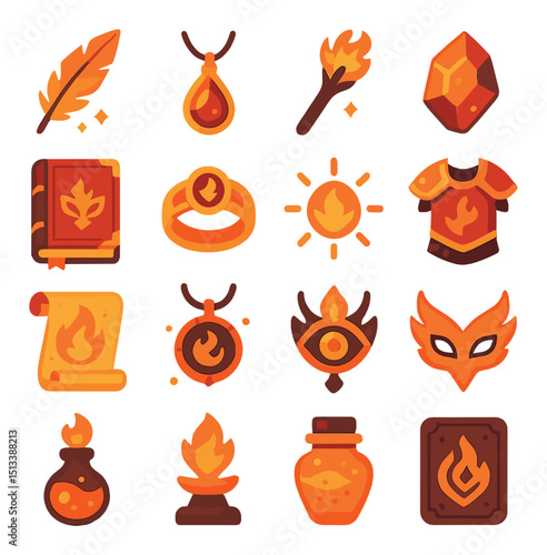 Fantasy and magic flat icon collection. spell, potion, mystical symbol set