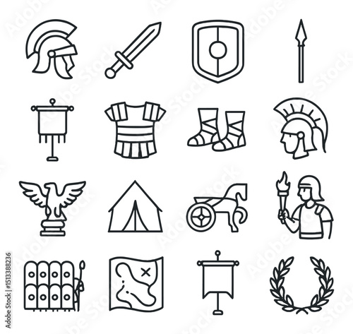 Ancient roman history flat icon collection. classic empire and military symbols