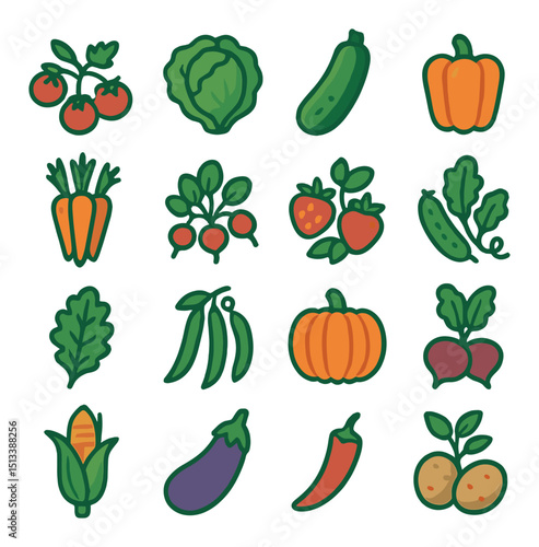 Vegetable and garden flat icon collection. farming, agriculture, and plant symbols set