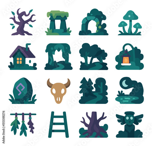 Fantasy forest flat icon collection. whimsical, magical style for enchantment design