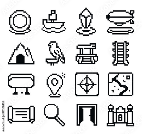 Game pixel art icon collection in silhouette style. gaming symbols and signs set