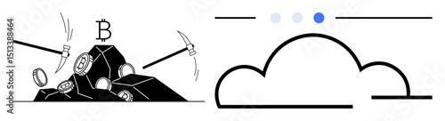 Mining equipment with coins and Bitcoin logo beside a stylized cloud with connection indicators. Ideal for blockchain, fintech, mining, Bitcoin, technology, cloud storage, simple landing page