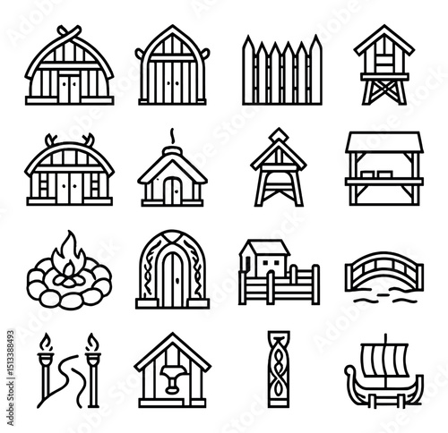 Historic norse architecture icon collection. flat and linear style viking house set