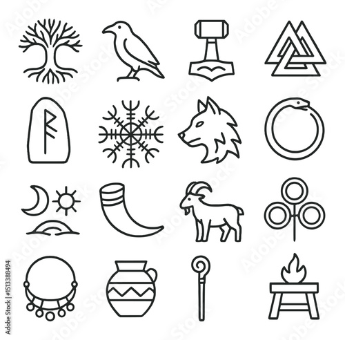 Norse mythology icon collection in linear style. viking symbols and nordic rune set