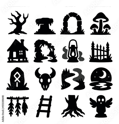 Halloween and spooky silhouette icon collection. creepy, eerie, haunting symbols set