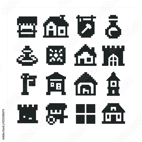 Medieval gaming silhouette icon collection. fantasy and adventure set