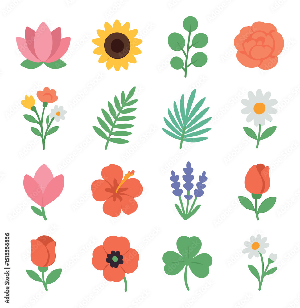 Naklejka premium Floral flat icon collection. nature, flowers, and botanical elements set