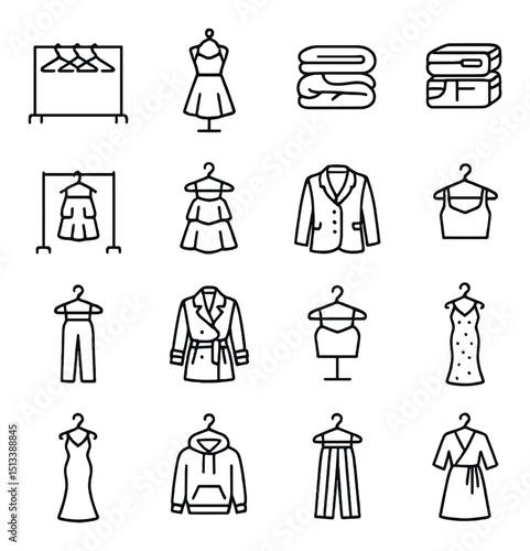 Fashion and clothing linear icon collection: garments, apparel, and wardrobe set