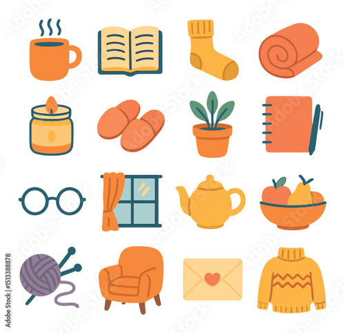 Cozy home comfort icon collection: flat style. lifestyle and relaxation symbols set