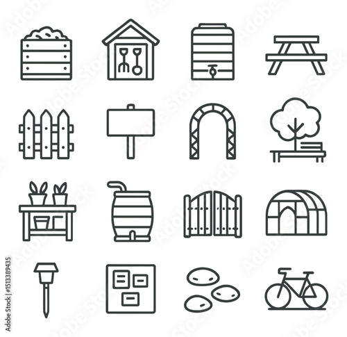 Gardening linear style icon collection. plant, nature and outdoor tool set