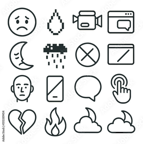 Sadness and emotions icon collection in linear style. mood and feeling symbols set