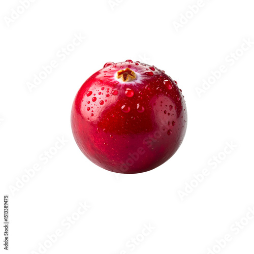 Single red cranberry with water droplets isolated food on transparent background