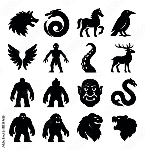 Fantasy creatures silhouette icon collection: mythical and legendary beasts set