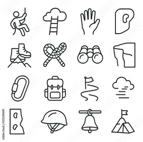 Outdoor adventure icon collection in linear style. hiking, climbing, nature symbols set
