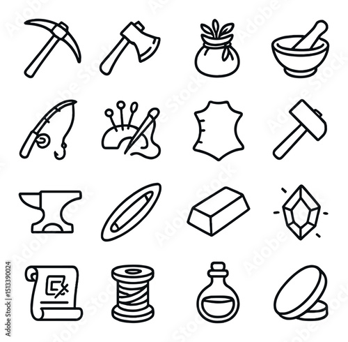 Medieval crafts and tools linear icon collection. vintage and historical style set