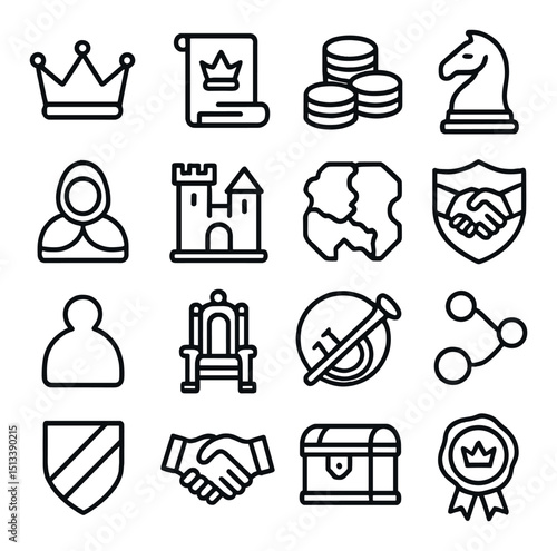 Medieval and fantasy linear style icon collection. knight, castle, and armor symbols set