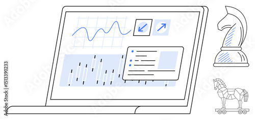 Laptop screen showing data analytics graphs, progress arrows, and a list. Adjacent chess knight and wheeled Trojan horse evoke strategy, cybersecurity, and decision-making concepts. Ideal for tech