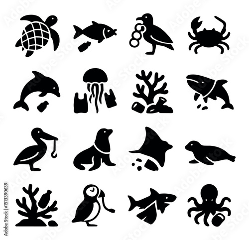 Marine life silhouette icons collection: sea creatures and wildlife design set