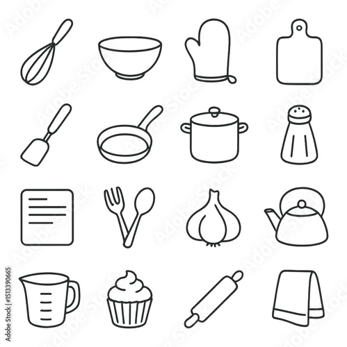 Kitchen and cooking linear style icon collection. culinary and food prep symbols set