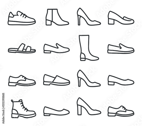 Footwear silhouette icon collection: shoes, boots, sandals styles for design use