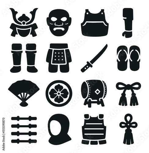 Samurai culture silhouette icon collection. warrior, japan, tradition symbols set