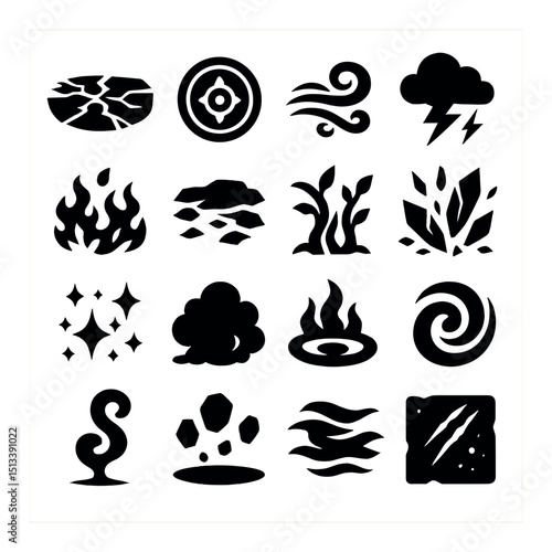 Elemental forces flat icon collection. nature, weather, and energy symbols set
