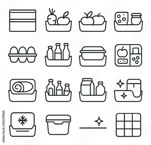 Food storage and organization flat icon collection. kitchen and pantry symbols pack