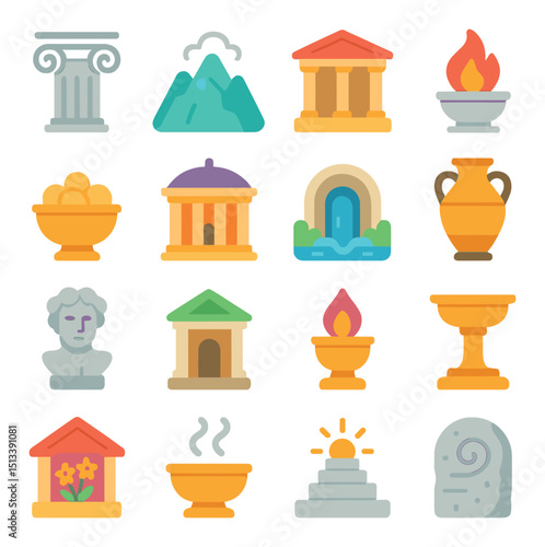 Ancient greece flat icon collection. history, mythology, and classical culture symbols