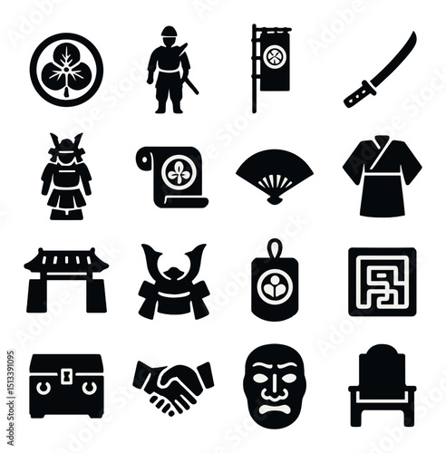 Samurai culture silhouette icon collection. traditional japan and warrior symbols set